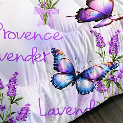 Pretty Butterfly Comforter Set King Size,Prowence Lavender Printed Comforter Bedding Sets for Kids Girls Toddler Room Decor Aesthetics,Fantasy Floral Bedding Sets with 2 Pillowcases.