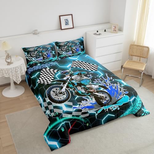 Racing Motorcycle Bedding Sets for Boys Girls,Teal Neon Lights Honeycomb Comforter Set King Dirt Bike Motocross Quilt Geometric Beehive Duvet Insert,Black White Grid Lattice Buffalo Plaid Decor