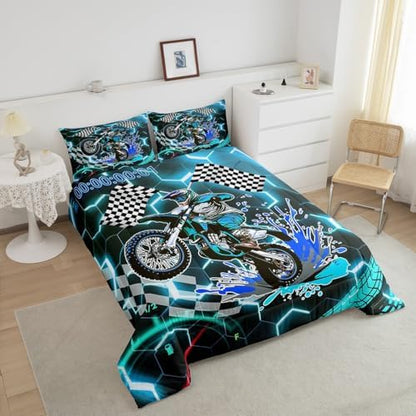 Racing Motorcycle Comforter Set Queen Teal Neon Lights Honeycomb Bedding Set Dirt Bike Motocross Quilt Glitter Geometric Hexagon Beehive Duvet Insert,Black White Grid Lattice Buffalo Plaid Decor