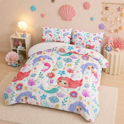 Mermaid Comforter Set Twin Size Fairy Tale Sea Shell Grass Bedding Set Starfish Quilt Bed Set for Kid Girls with 1 Comforter and 2 Pillowcases