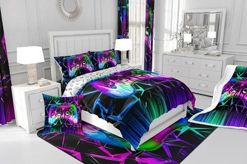 Castle Fairy Kids Gaming Bed Comforter Set Queen Size,Geometric Honeycomb Gamepad Super Soft Microfiber Bedding Set for Adults Teens,Modern Video Games Comforter Set,2 Pillowcases