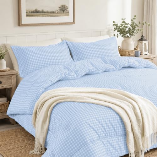 Queen Comforter Set, Fluffy Blue Gingham Plaid Bedding, 3 Pieces