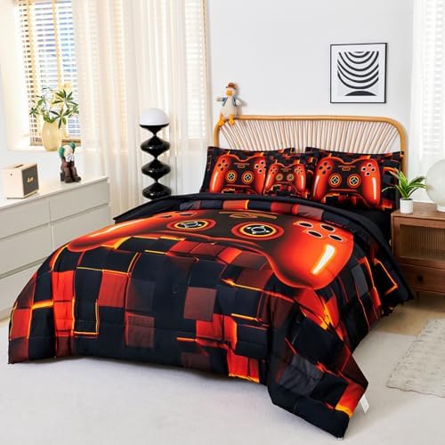 PERFEMET 6 Piece Orange Gaming Bedding Twin Game Console Boys Comforter Set