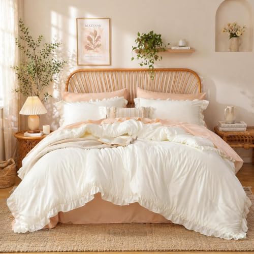 JANZAA Cream White Comforter Set Oversized King, Ruffle Soft Bedding