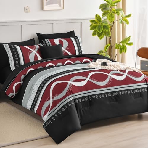 Anibedding Burgundy Comforter Set Queen Size,8 Pieces Boho Bed in a Bag
