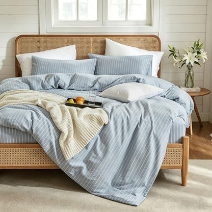 XINMIANFAN Blue Striped Duvet Cover Set King Size 100% Washed Cotton Linen Feel 3 Piece Bedding Set Comfy Breathable