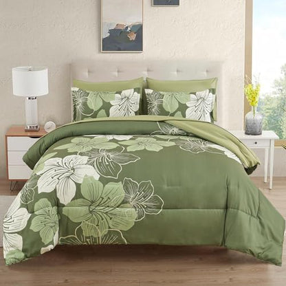 Olive Green Comforter Set Queen Size, 7 Pieces Floral Bed in a Bag