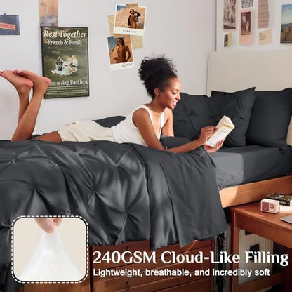 JOLLYVOGUE Twin Comforter Set 5 Pieces - Bed in a Bag Twin for All Season, Pintuck Bedding Comforter Sets with Comforter, Flat Sheet, Fitted Sheet and Pillowcases & Shams, Dark Grey