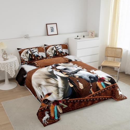 Cow Print Bedding Set - Brown Cowhide Comforter, Duvet Insert & Quilt - Rustic Western Horse Galloping Style - Full Size