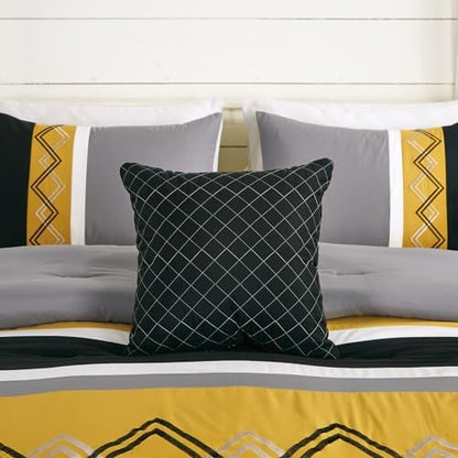 Chezmoi Collection Arden 7-Piece Modern Pleated Stripe Embroidered Zigzag Bedding Comforter Set (King, Turmeric/Black/Silver Gray/White)