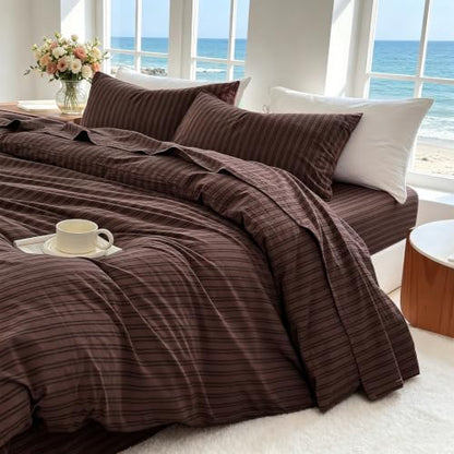 Striped Duvet Cover Set Full Size 3 Piece 100% Washed Cotton Linen Like Textured Bedding Comfy Breathable (Full, Double Stripe-Espresso Brown/Black)