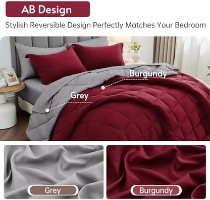 MUXHOMO 7 Pieces California King Comforter Set, Reversible Bed in a Bag Cal King Size, All Season Bedding Set with Comforter, Flat Sheet, Fitted Sheet, Pillowcases & Shams, Burgundy & Grey