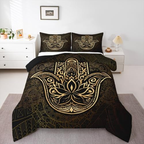 Erosebridal Gold Hamsa Hand Comforter Set Full Size, Boho Chic Mandala Bedding Set for Kids Teens Adult Women, Bohemian Hippie Quilt Set Paisley Tribal Tie Dye Duvet Insert for Bedroom