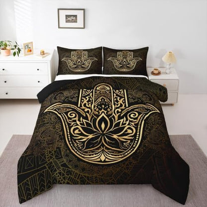 Erosebridal Gold Hamsa Hand Comforter Set Full Size, Boho Chic Mandala Bedding Set for Kids Teens Adult Women, Bohemian Hippie Quilt Set Paisley Tribal Tie Dye Duvet Insert for Bedroom