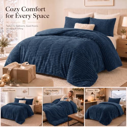 CozyLux Fleece Full Size Comforter Sets, 3 Piece Warm Mineral Blue Bedding