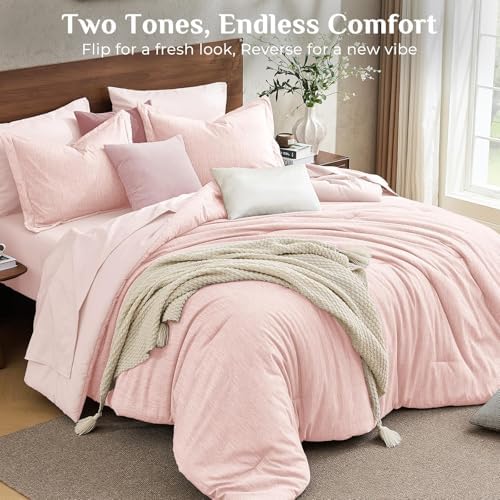 JOLLYVOGUE Pink Queen Comforter Set, Cationic Dyeing Bed in a Bag Queen 7 Pieces, Double-Tone Bedding Set with Down Alternative Comforter, Sheets, Pillowcases & Shams