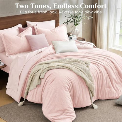 JOLLYVOGUE Pink Queen Comforter Set, Cationic Dyeing Bed in a Bag Queen 7 Pieces, Double-Tone Bedding Set with Down Alternative Comforter, Sheets, Pillowcases & Shams