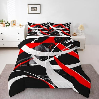 Feelyou Red Gray Black Comforter Toddler Size, Kids Geometrics Comforter Set Boys Girls Stripes Lines Comforter Abstract Duvet Insert with 1 Pillow Case