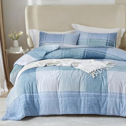 mixinni King Comforter Set 3 Piece Modern Buffalo Checkered Lightweight Comforter Geometric Plaid Pattern Blue Bedding Set for Women and Men-King Size