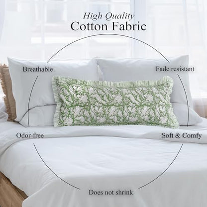 CPC Block Print Olive Green Ruffle Cotton Lumbar Pillow Cover 14x36 inch