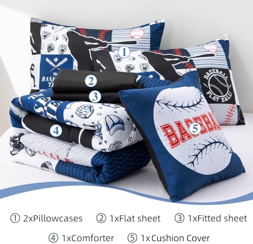 A Nice Night Sports Baseball Comforter Full Bedding Set for Boys,Blue