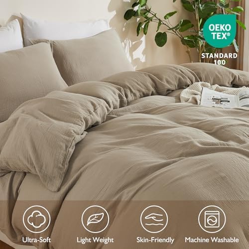 EMME Muslin Cotton Duvet Cover Set Linen Like Khaki Queen