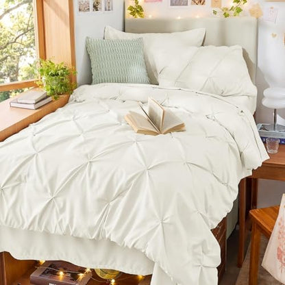 Sasttie Twin XL Comforter Set, 5-Piece Bed in a Bag, Pintuck Bedding Sets for All Season, Includes Comforter, Flat Sheet, Fitted Sheet, Pillowcase and Pillowsham, Ivory