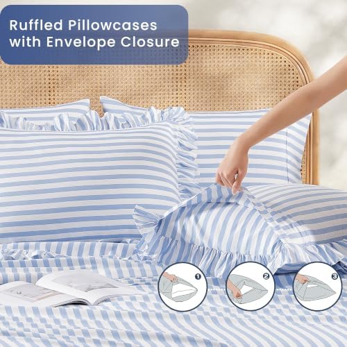 ROSE&RISY King Ruffle Sheet Set 4 Piece - Blue Stripe Soft Lightweight Microfiber Bedding with Deep Pocket, Breathable Ruffled Flat Sheet & Pillowcases (Blue Stripe Ruffle,King)