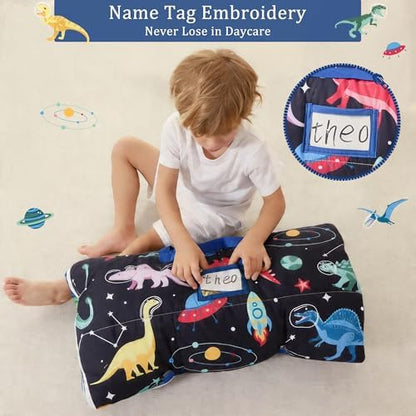 Toddler Nap Mat for Preschool 50''x30'' Sleeping Mat with Removable Pillow and Minky Blanket for Kids Ages 3-7 Roll Up Soft Sleeping Bag for Boys Girls Kindergarten Daycare Sleepover