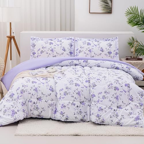 Mooreeke Floral Queen Size Comforter Sets, Lightweight Purple Lavender Botanical Printed Bedding for All Seasons, 3-Piece Vintage Bed in a Bag with Fluffy Quilted Reversible Comforter & 2 Pillow Shams