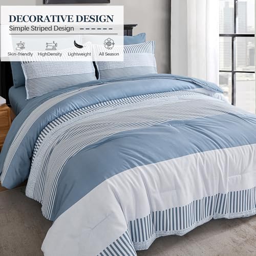 Blue Comforter Set Queen Size,Classic Striped Comforters for Boys & Girls