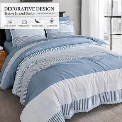Blue Comforter Set Queen Size,Classic Striped Comforters for Boys & Girls