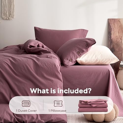 JELLYMONI 100% Washed Cotton Deep Rose Duvet Cover Twin, Linen-Like