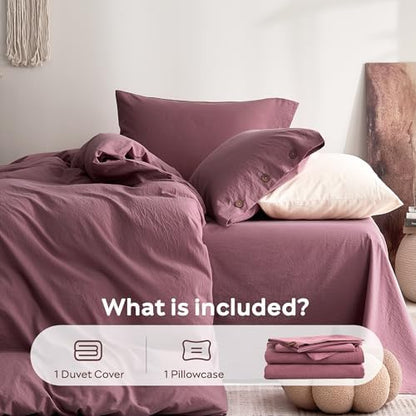 JELLYMONI 100% Washed Cotton Deep Rose Duvet Cover Twin, Linen-Like