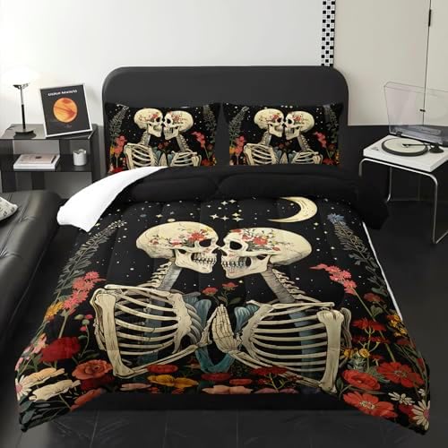 Black Gothic Skull Flower Queen Comforter Set，Quilt Queen Size Bedding Set Gothic，with 1 Comforter with 2 Pillow Case，Skull Room Decor for Bedroom