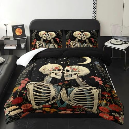 Black Gothic Skull Flower Queen Comforter Set，Quilt Queen Size Bedding Set Gothic，with 1 Comforter with 2 Pillow Case，Skull Room Decor for Bedroom