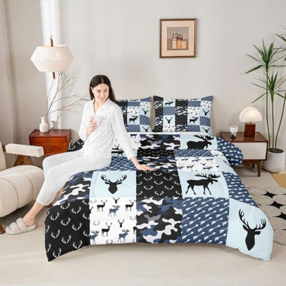 Cute Deer Comforter Set King, Military Camo Bedding Set for Kids Boys Girls Teens Bedroom Tribal Animal Antlers Silhouette Quilted Comforter Checkered Plaid Arrows Bedding Comforters, Army Blue&White