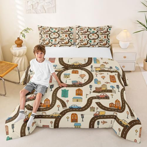 Erosebridal Cartoon Car Comforter Set Queen Cityscape City Car Bedding Set Funny House Building Road Map Comforter for Kids Boys Girls Modern Transportation Vehicle Quilt Duvet