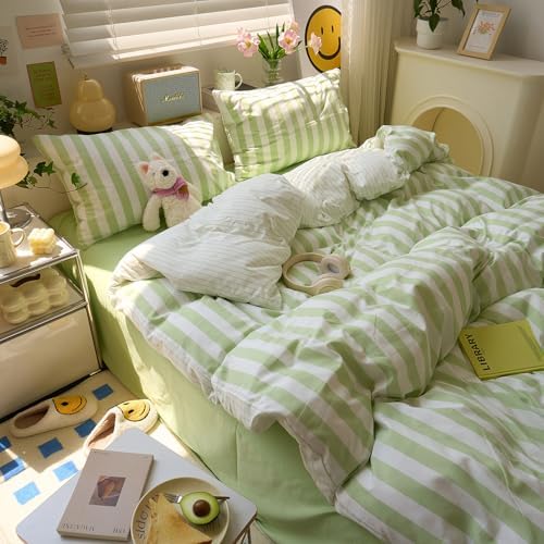 Green Striped Comforter Set Full Size, 3 Piece Aesthetic Stripes Pattern Printed Comforter with 2 Pilliwcases, Soft Breathable Farmhouse Striped Bedding Comforter Lightweight Full Comforter Set