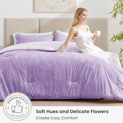 Love's cabin Lavender Full Comforter Set - Full Size Comforter Set, 3 Pieces Cute Floral Bedding Sets for All Seasons,1 Soft Reversible Botanical Flowers Comforter and 2 Pillow Shams