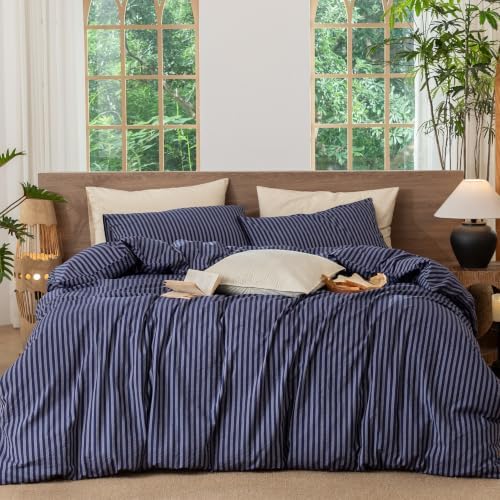 MooMee Striped Duvet Cover Set 100% Washed Cotton Linen Like King