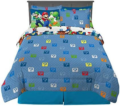Super Mario Kids Bedding Set, Full Size 7 Piece Comforter and Sheet Set with Sham, (Officially Licensed Product) by Franco