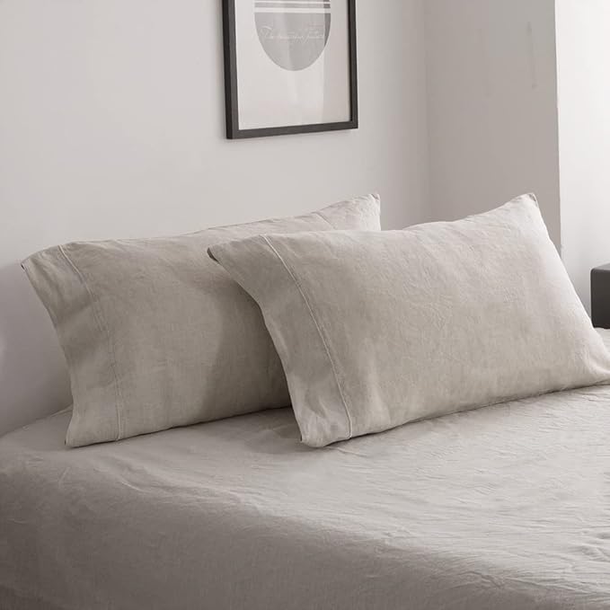 Simple&Opulence 100% French Linen Pillowcase King Size-Set of 2- Washed Solid Color Pillow Cases Embroidered -Soft and Durable (Linen, 20''x40'')