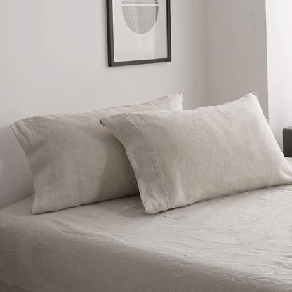 Simple&Opulence 100% French Linen Pillowcase King Size-Set of 2- Washed Solid Color Pillow Cases Embroidered -Soft and Durable (Linen, 20''x40'')