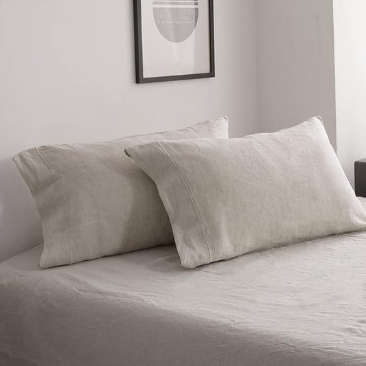 Simple&Opulence 100% French Linen Pillowcase King Size-Set of 2- Washed Solid Color Pillow Cases Embroidered -Soft and Durable (Linen, 20''x40'')