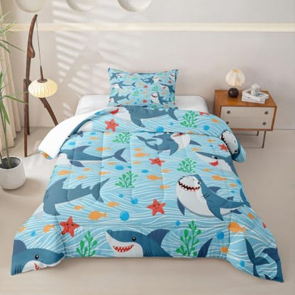 Cute Shark Comforter Set Twin Size,Fish Coral Bedding Set 2pcs for Kids Teens Boys Girls Room Decor,Mysterious Under Sea Animals Plants Themed Quilt Set Cartoon Blue Duvet Insert with 1 Pillowcase