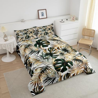 Gold Palm Tree Leaf Comforter Set Twin Tropical Botanical Bedding Set Watercolor Retro Plant Down Comforter For Kids Teens Men Women Jungle Nature Theme Quilt Duvet Set Dark Green 1 Pillow Case