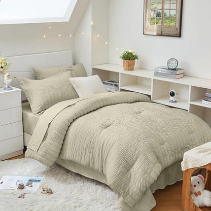 HYMOKEGE Light Linen Twin XL Comforter Set Seersucker 5 Pieces, All Season Luxury Bed in a Bag for Bedroom, Bedding Set with Comforter, Sheets, Pillowcase & Sham