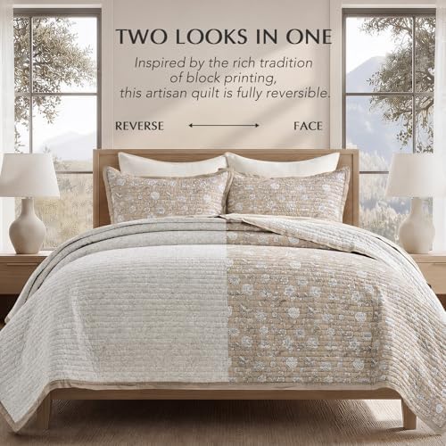 EverGrace 100% Cotton Floral Quilt Set, King Size, Sandstone Beige 108"×96"