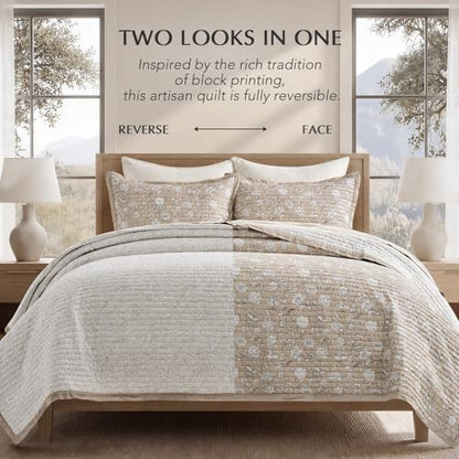 EverGrace 100% Cotton Floral Quilt Set, King Size, Sandstone Beige 108"×96"